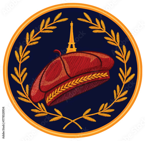 Charming French flair featuring a stylish beret and the iconic Eiffel Tower, perfect for promoting tourism, culture, and sophisticated Parisian elegance