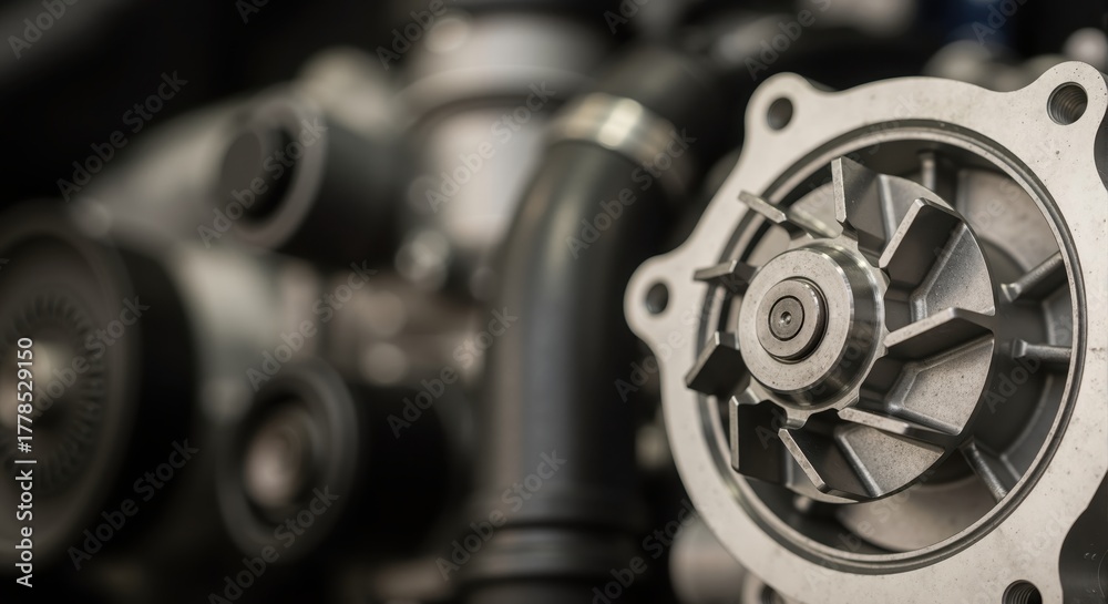 Fototapeta premium A detailed close-up of a new automotive water pump. Car engine cooling system component for vehicle maintenance and repair service