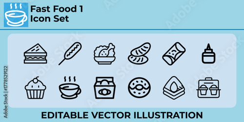 Detailed outline fast food and snack icon set for menus and apps