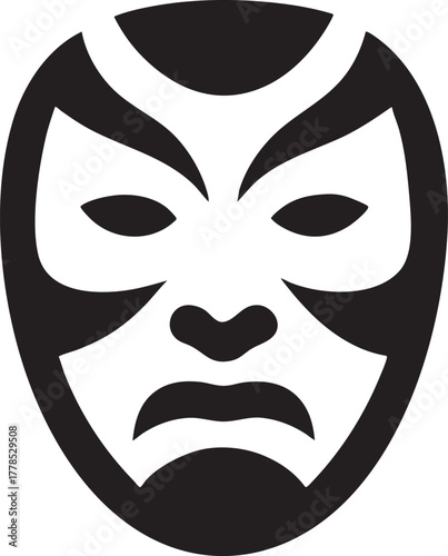 Graphic bold wrestling mask symbol with intense, stern expression