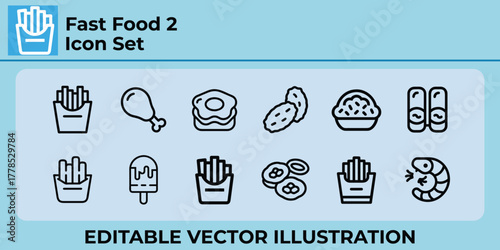 Fast food and snack outline icon collection for digital design.