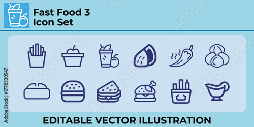 Fast food outline icon set: burgers, fries, drinks, chili, snacks