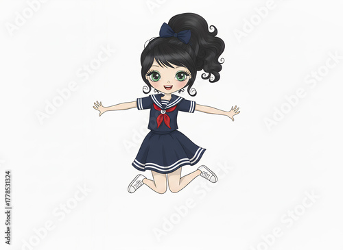 Happy Anime Girl Jumping in Sailor Uniform