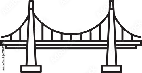 Iconic suspension bridge line drawing perfect for travel logos, minimalist designs, and architecture projects, simple black lines on transparent