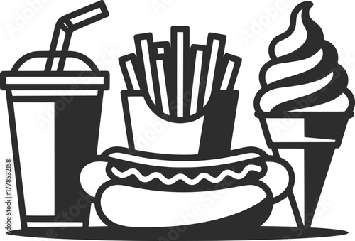 Fast Food Combo with Drink Fries Ice Cream Vector Illustration.