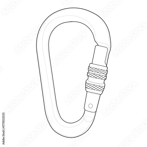 A simple black and white line art vector illustration of a locking carabiner. Isolated outline icon graphic of safety climbing equipment.