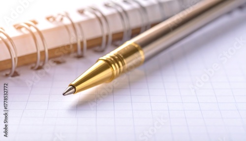 A pen rests on graph paper of a spiral notebook, close-up, bathed in warm, gentle light