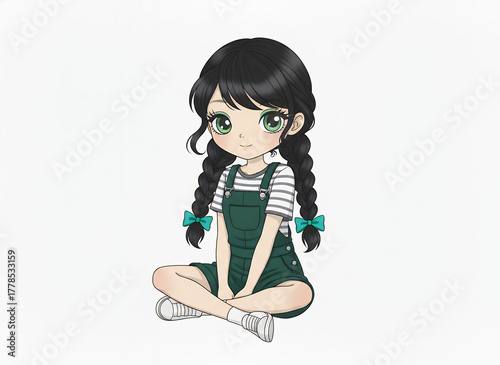 Cute Anime Girl with Pigtails and Overalls Sitting Cross-Legged