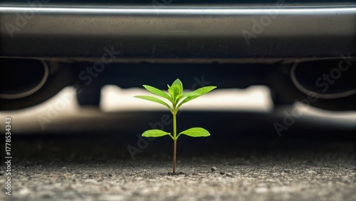 Fototapeta Naklejka Na Ścianę i Meble -  A small green plant grows between a car's exhaust pipes, symbolizing resilience in an urban environment.