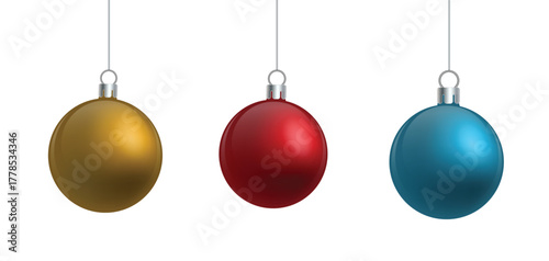 Three Hanging Christmas Ornaments in Gold, Red, and Blue — Festive Holiday Balls for Christmas Decoration, Celebration, and Winter Season Cheer