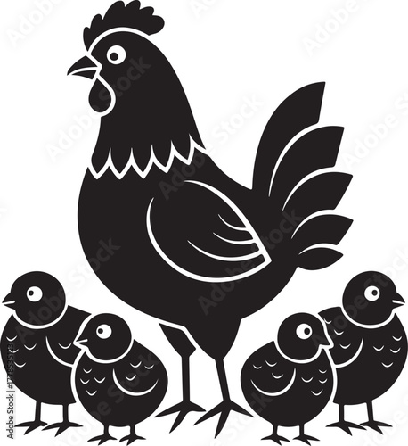 Farmyard Family Rooster and Four Chicks Silhouette