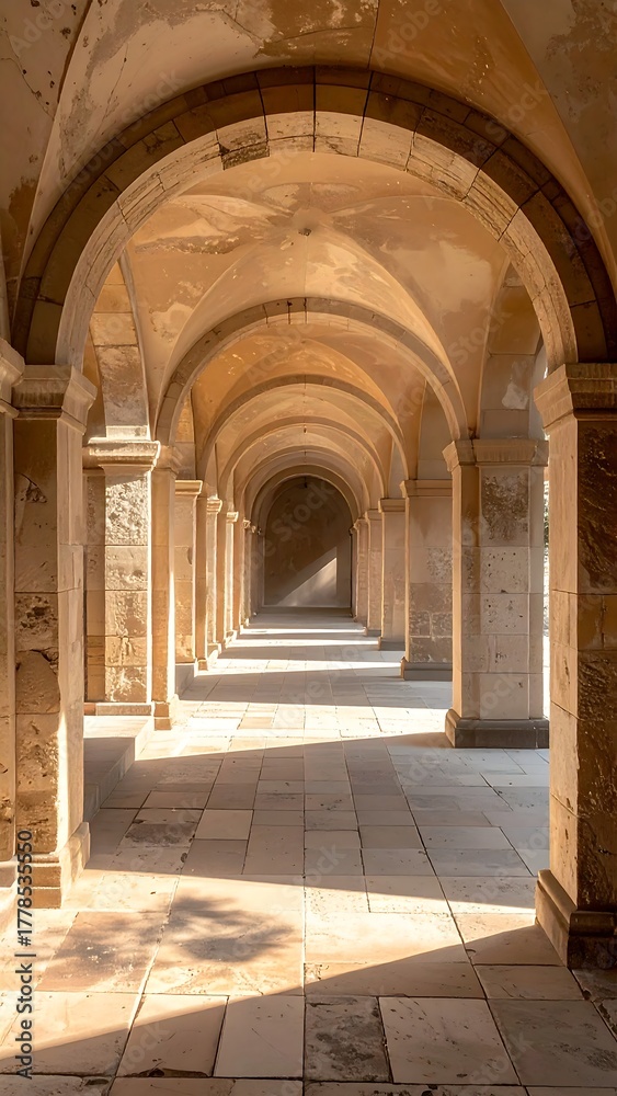 Obraz premium A sunlit architectural corridor with arched ceilings and stone columns