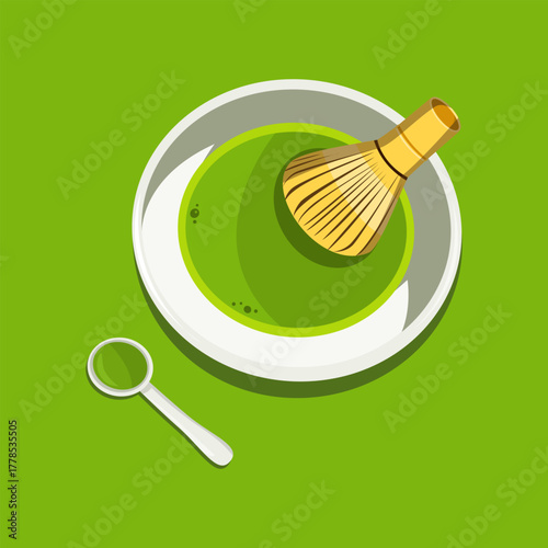 Traditional Japanese matcha tea ceremony set with bamboo whisk and bowl in elegant flat style.