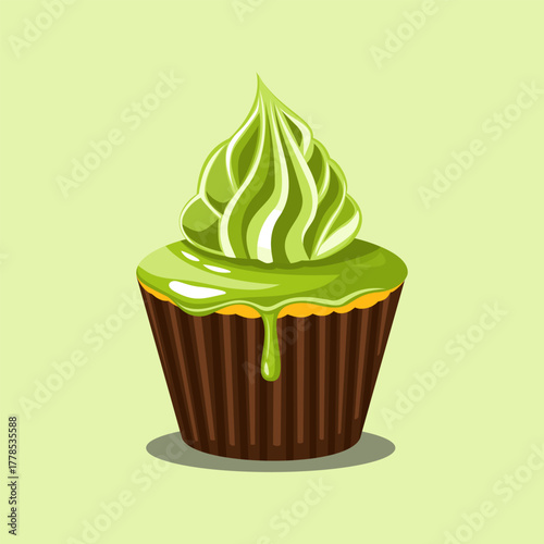 Matcha cupcake with creamy green frosting and dripping glaze in a delicious dessert style.