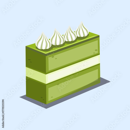 Elegant layered matcha cake with white cream frosting and fluffy texture in dessert illustration.