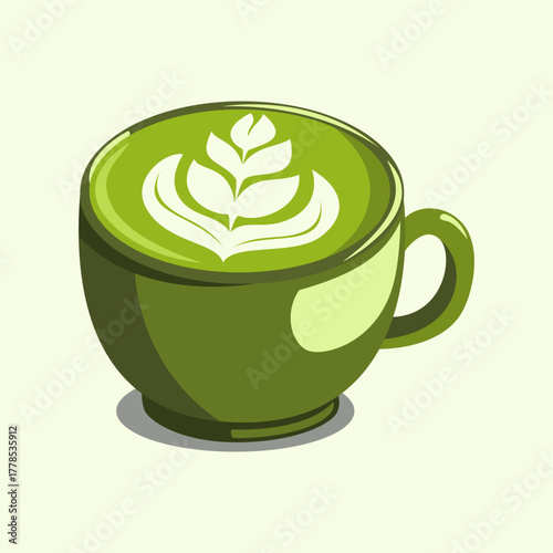 Green tea matcha latte with beautiful foam art in a cozy coffee cup illustration.