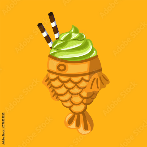 Matcha soft serve ice cream in a golden taiyaki cone with chocolate sticks in playful style.