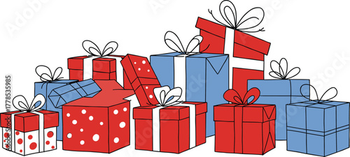 Large Stack of Hand-Drawn Cartoon Gift Boxes in Red and Blue with Ribbons and Bows, Perfect for Christmas, Holiday, Birthday, Celebration, and Festive Background Design