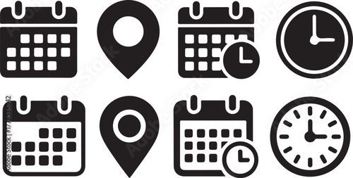 Black and white icons of calendar, location pin, and clock