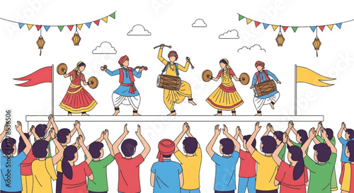 Illustration of people dancing and celebrating a festival with colorful decorations and traditional attire