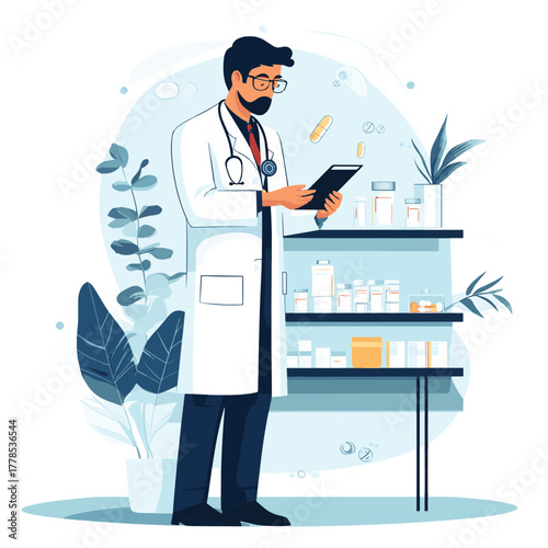 A doctor weighing the pros and cons of different medications and treatment options   , vector style simple color