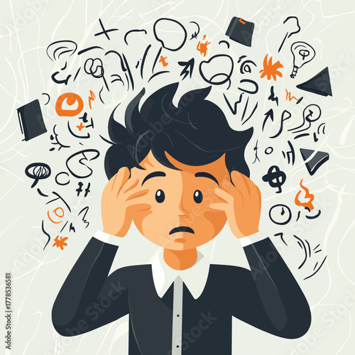 Confused businessman feeling overwhelmed by chaotic thoughts and uncertainty illustration   , vector style simple color