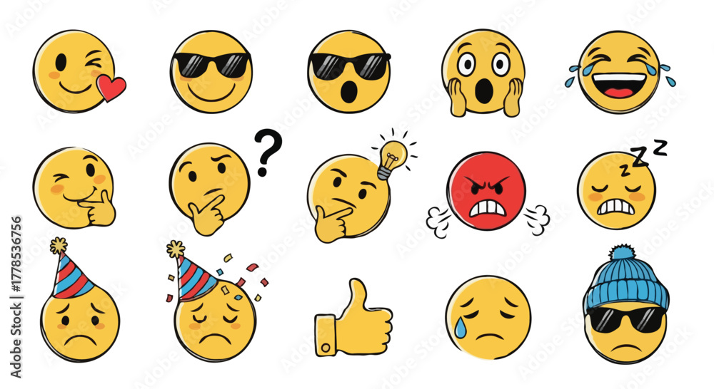 Fototapeta premium Cartoon Emoji and Symbol Set – Colorful Expressions and Reactions in Flat Design