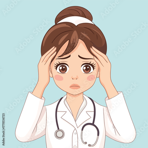 Doctor feeling stressed and overwhelmed with worry lines appearing on her forehead   , vector style simple color