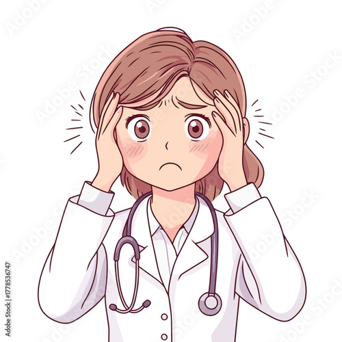 Doctor feeling stressed and overwhelmed with worry lines appearing on her forehead   , vector style simple color