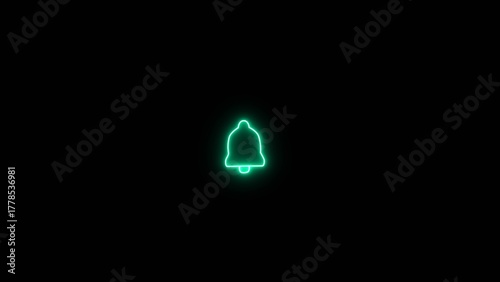 Neon line social media bell notification icon image. Glowing neon notification bell icon. Neon bell icon on black background.