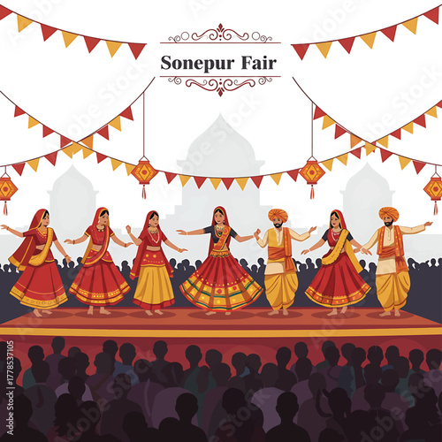 Traditional Indian dancers performing on a colorful stage at a cultural festival with a crowd of spectators.