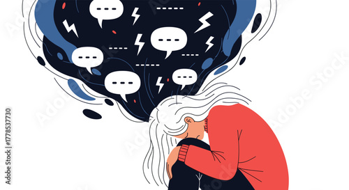 A woman sitting hunched over, overwhelmed by a storm of negative thoughts, anxiety, and mental stress, symbolizing emotional distress.