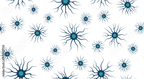 A repeating pattern of abstract blue neuron-like cells and microorganisms scattered on a clean white background.