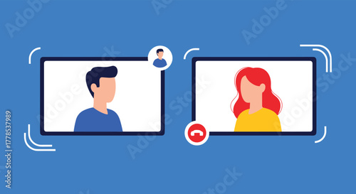 A man and a woman communicate through a video call interface, symbolizing online meetings, remote work, and virtual connections.