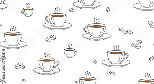 A delightful seamless pattern featuring steaming hot coffee in elegant white cups with saucers, interspersed with scattered coffee beans on a clean white background.