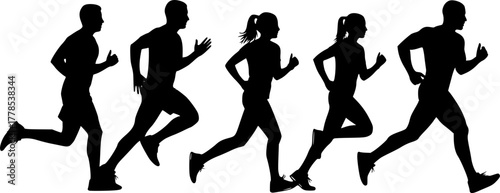 Marathon runners. Running men and women, isolated vector silhouettes. Run, side view. Silhouettes of athletic looking male and female runners running. EPS version.