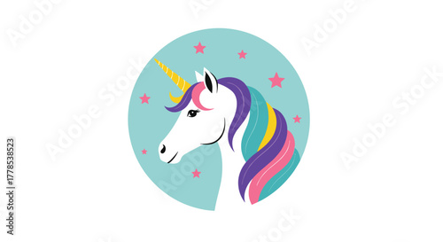 A majestic white unicorn with a vibrant multi-colored mane and golden horn, set against a whimsical light blue starry background, embodying magic and fantasy.