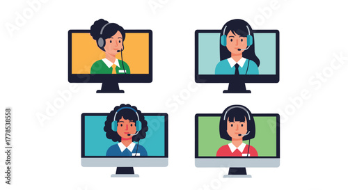 Four diverse female customer service representatives with headsets appear on computer screens, symbolizing online support and remote team collaboration.