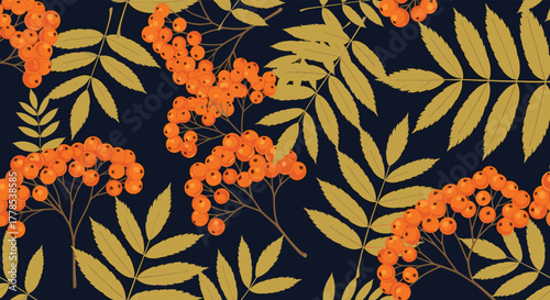 Seamless pattern of vibrant orange rowan berries and golden autumn leaves on a dark blue background, perfect for fall designs and textiles.