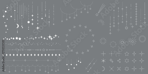 星空をイメージしたシンプルな飾り罫線・ラインのイラストセット　キラキラ　点線