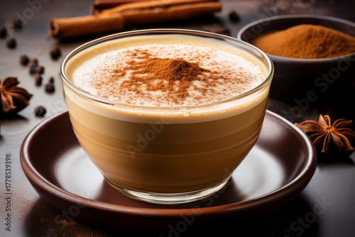 Beautifully Styled Chai Tea Latte in a Glass Cup with Cinnamon Dusting, Perfect for Recipe Books and Educational Materials About Global Cuisine
