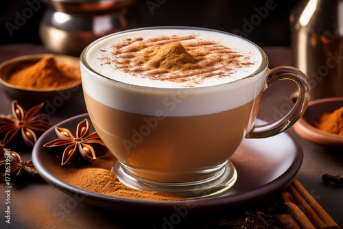 Modern Photograph of a Chai Tea Latte with Frothy Milk and Cinnamon Dusting, Perfect for Recipe Books and Educational Materials About Global Cuisine
