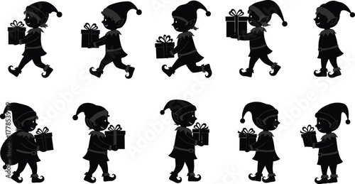 Set of ten adorable Christmas elf silhouette vector illustrations, carrying gifts and toys, perfect for holiday greetings, festive animation, winter celebrations, graphic design, and seasonal kids’ 
