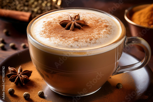 Stunning Photograph of a Chai Tea Latte with Frothy Milk and Spices, Perfect for Educational Posters About Nutrition and Global Culinary Practices
