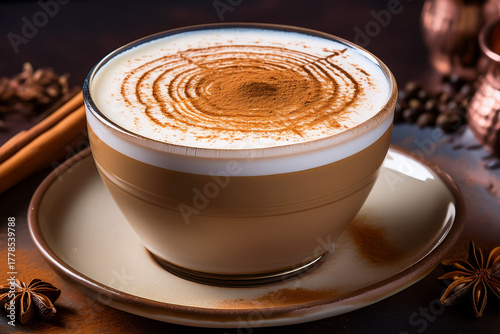 High-Resolution Image of a Chai Tea Latte Surrounded by Cinnamon and Star Anise, Ideal for Creative Projects Promoting Cultural Diversity and Wellness
