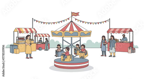 Illustration of people enjoying a vibrant outdoor carnival with a merry-go-round and food stalls in a lively setting.