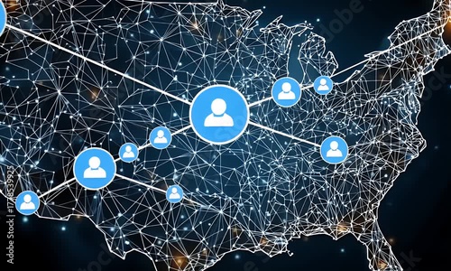 Abstract visualization of the united states map with glowing lines representing data connections and network pathways across the nation