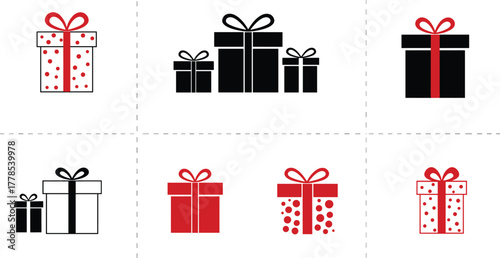 Six classic gift box icons set, featuring red and black color schemes with polka dots, an elegant vector collection perfect for holiday design, wedding invitations, birthday cards, and festive