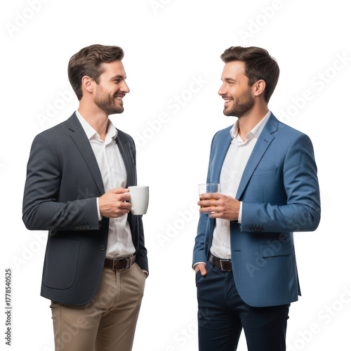 Two businessmen holding coffee cups and talking isolated on transparent background