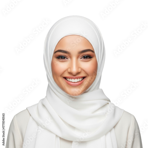 Smiling young woman wearing a white hijab isolated on transparent background